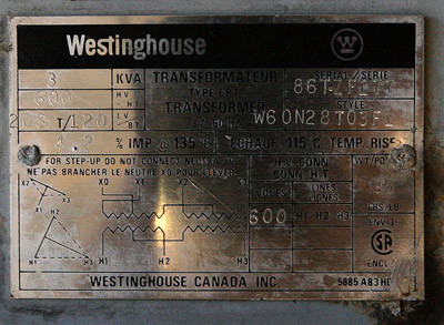 3 KVA 600 - 208T/120 Volt 3 Phase Indoor Dry Westinghouse Transformer