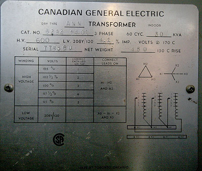 30 KVA 600 - 208Y/120 Volt 3 Phase Indoor Dry C.G.E. Transformer For Sale