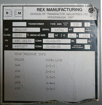 225 KVA 480  - 480Y/277 Volt 3 Phase Indoor Dry Rex Manf. Transformer