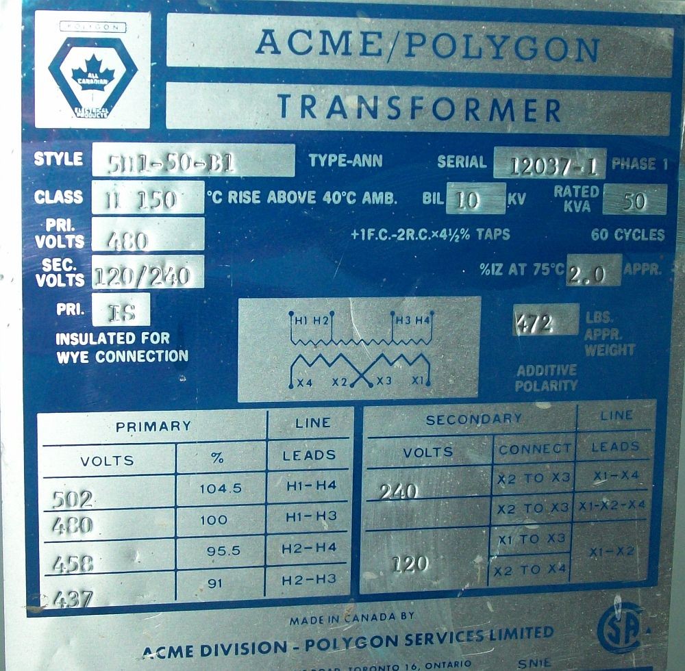 50 KVA 480 - 120/240 Single Phase Indoor Dry Acme Transformer