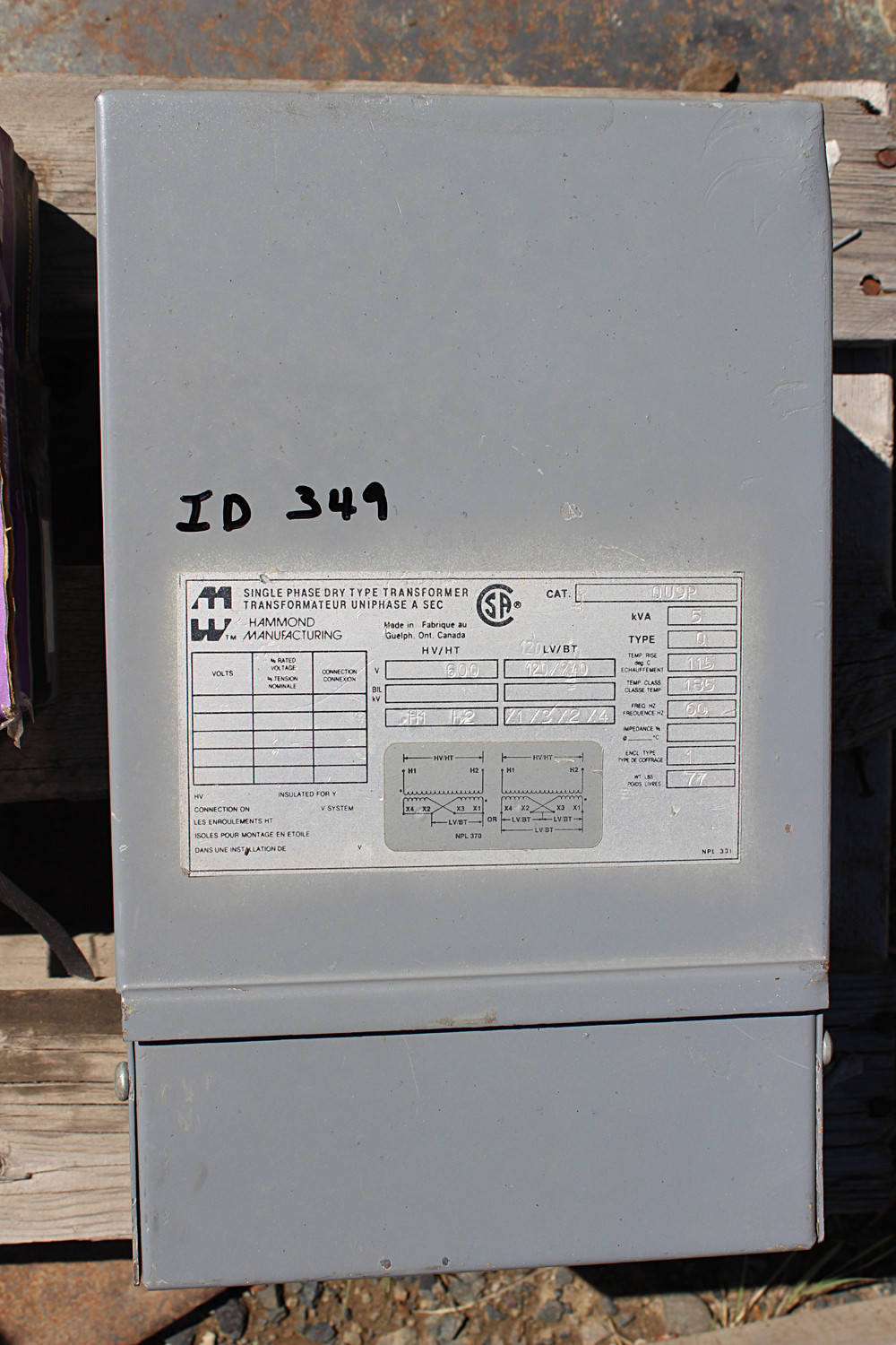 5 KVA 600 - 120/240 Volt Single Phase Hammond Transformer For Sale