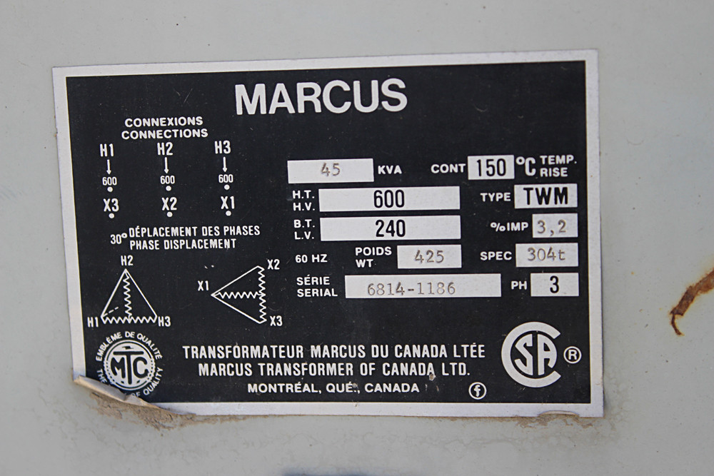45 KVA 600 - 240 Volt 3 Phase Marcus Transformer For Sale
