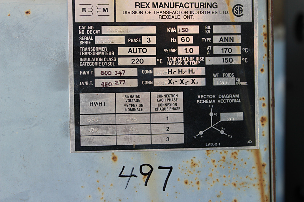 Transformateur Rex triphasé 150 KVA 600Y-347/480Y-277 volts à vendre