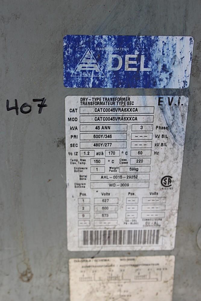 45 KVA 600 - 480Y/277 Volt 3 Phase Delta Transformer For Sale