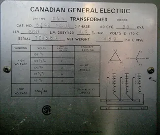 30 KVA 600 - 208Y/120 Volt 3 Phase Indoor Dry C.G.E. Transformer For Sale